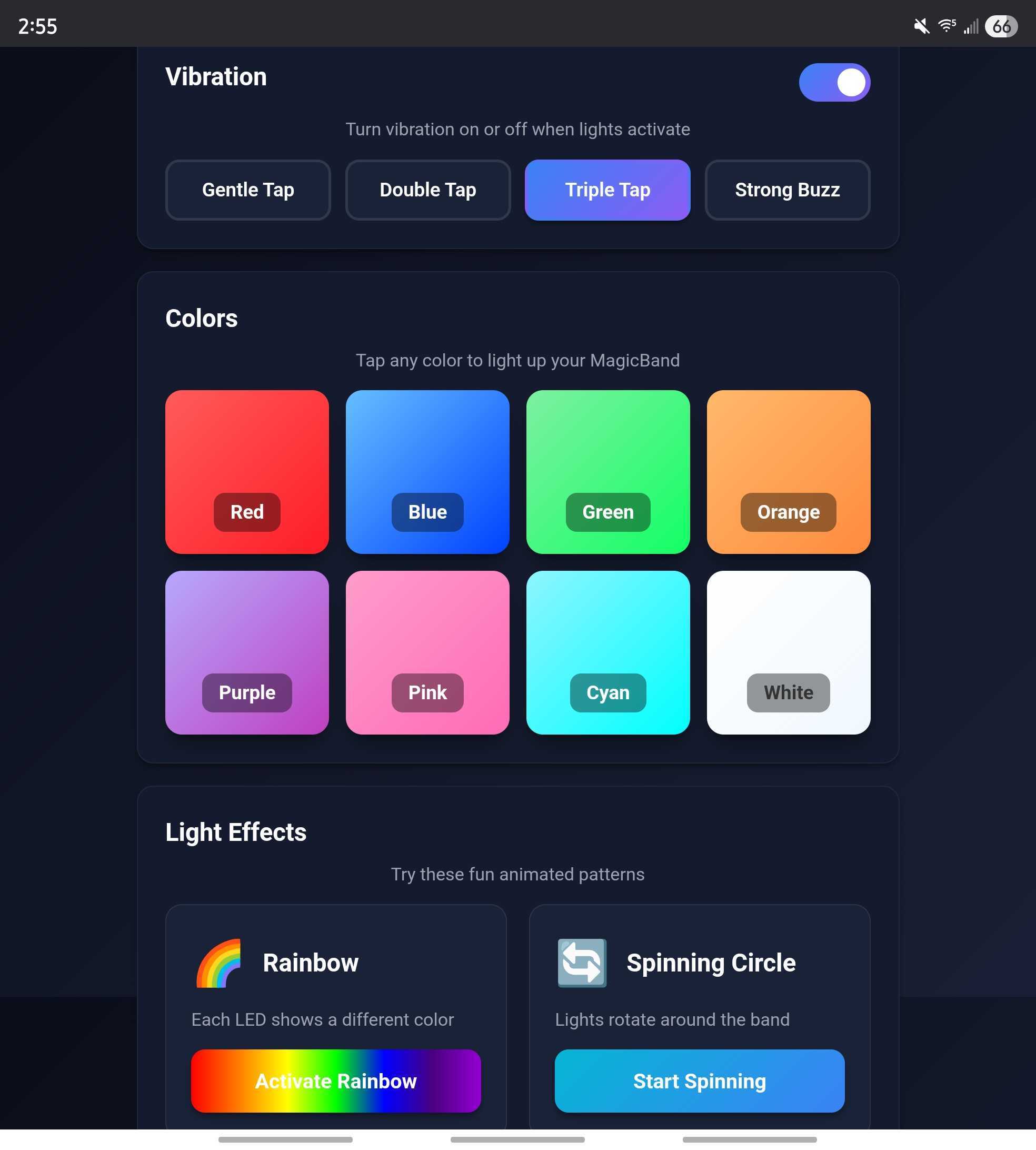 MagicBand controller web interface showing color controls and effects